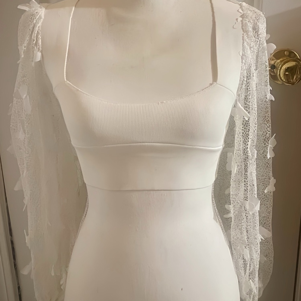 Free People White Crop Top with Lace Sleeves